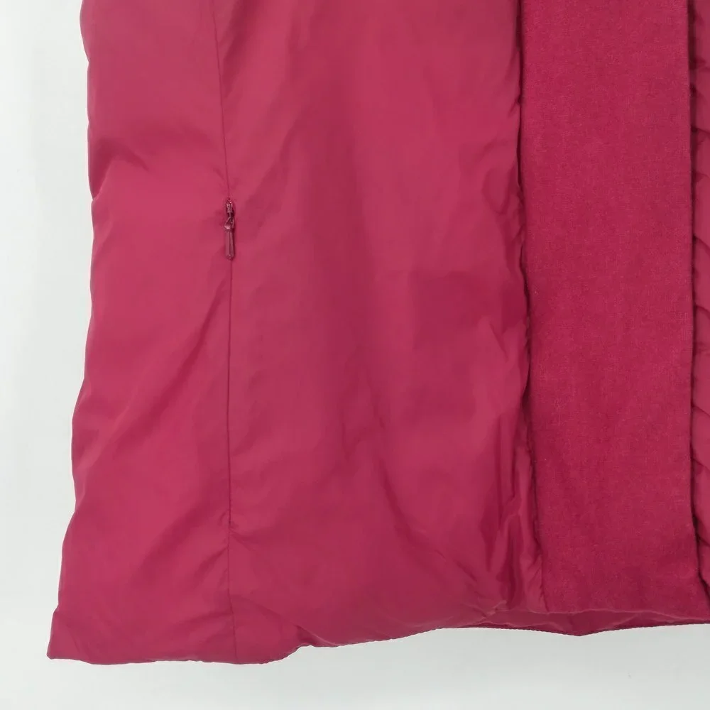 Eileen Fisher Red Down Puffer Vest Size M Pockets Hood Zipper Snap Classic